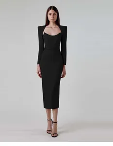 Elegant black bandage midi dress with structured horn shoulders and chest cutout detail