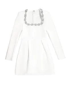 White long-sleeved bandage dress with sparkling rhinestone embellished square neckline