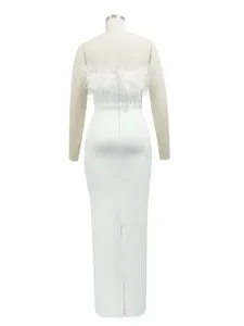 Back view of white ostrich feather bandage evening gown featuring zipper and bottom slit