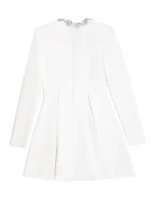 Close-up view of the back of this elegant white long-sleeved dress with rhinestone collar