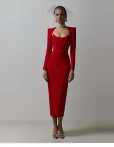 Elegant red Hepburn style bandage dress with square neck and long sleeves for formal events.