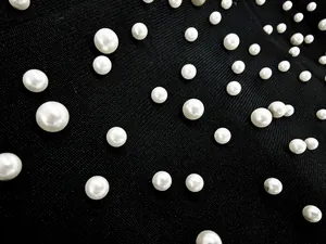 Close-up detail showing the texture of a black bandage dress with white pearl beads.