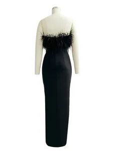 Back view of elegant black bandage evening gown with ostrich feather trim details