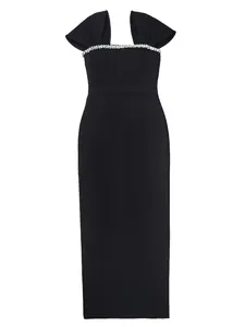 Elegant black off-shoulder bandage dress with rhinestone neckline for formal events.