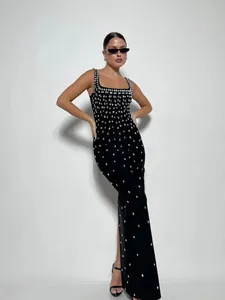 Elegant black rhinestone bandage dress for luxury parties and formal events.
