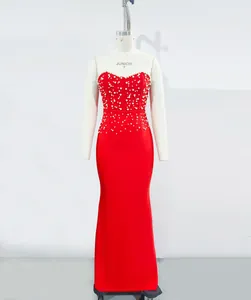 Detailed front view of a red mermaid bandage dress with pearl embellishments on mannequin.