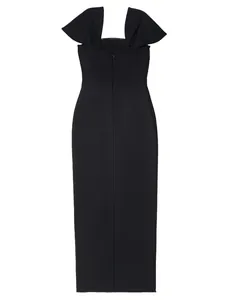 Back view detail of elegant black French bandage evening dress with ruffled sleeves