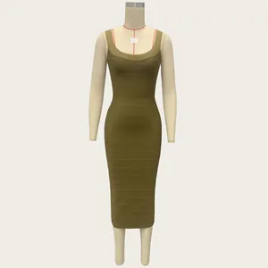 Modisches olivgrünes Bandage-Midikleid mit U-Ausschnitt und breiten Trägern für Damen.