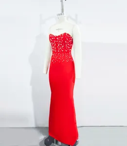 Elegant red mermaid bandage dress with exquisite pearl beads for evening parties.