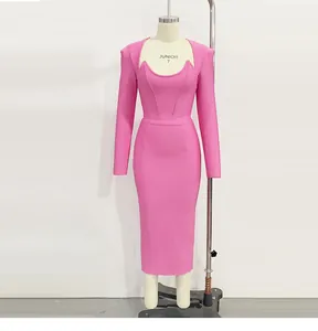 Elegant pink square neck bandage dress featuring unique horn shoulders and long sleeves