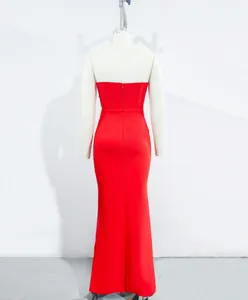 Back view of elegant red strapless mermaid bandage dress with zipper
