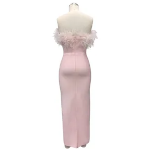 Back view of elegant pink ostrich feather bandage gown evening dress for women