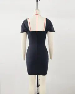 Detailed back view of elegant black bodycon bandage dress with zipper on dress form