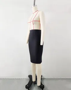 Detailed side view of a professional black bandage pencil skirt on a mannequin