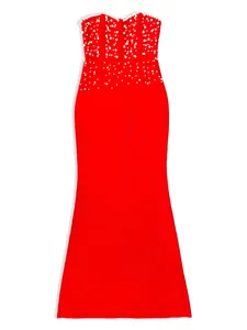 Detailed view of a red strapless mermaid bandage dress with pearl embellishments