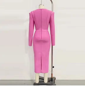 Detailed back view of a pink long-sleeved midi bandage dress with ox horn shoulders