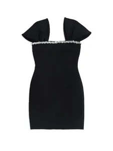 Elegant black bandage dress featuring ruffled sleeves and rhinestone crystal neckline.