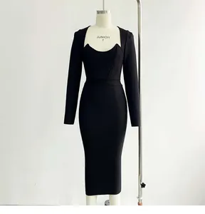 Front view of elegant black long sleeve bandage dress with unique square neckline