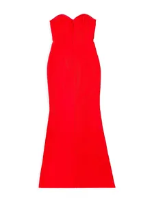 Detailed back view of a luxury red strapless beaded mermaid bandage evening gown