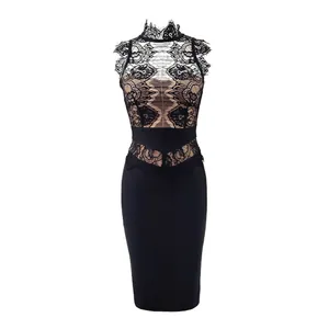 Elegant black lace bandage bodycon dress featuring a high neck and sleeveless design for women
