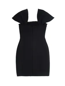 Detailed back view of a chic black bandage dress with unique ruffled wing sleeves.