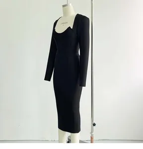 Elegant black square neck bandage midi dress with long sleeves on mannequin.
