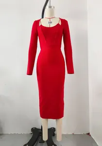 Red long-sleeve midi bandage dress featuring a square neckline and structured shoulders