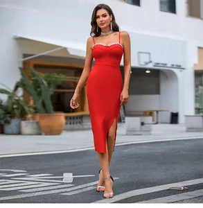 Elegant red rhinestone bandage midi dress with side slit for formal evening parties.
