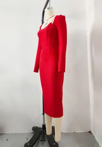 Side view detail of an elegant red long-sleeve bandage midi dress with a square neckline