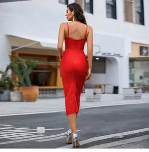 Back view of sexy red bandage spaghetti strap midi dress for evening banquet parties