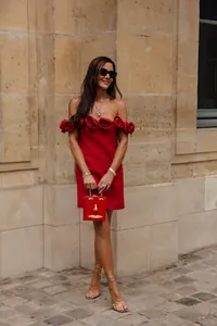 Elegant red off-shoulder bandage dress featuring 3D rose flower details and slim fit