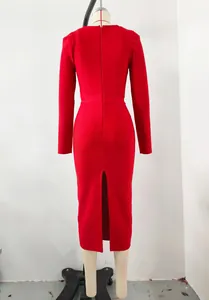 Back view of a vibrant red long-sleeve bandage dress with zipper and slit detail