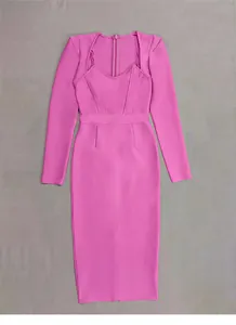 Detail of pink long sleeve bandage dress featuring structured ox-horn shoulders and square neck.