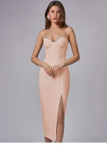 Elegant peach bandage midi dress with rhinestone neckline and high slit