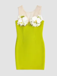 Elegant lime green bandage cocktail dress featuring exquisite 3D white floral appliqués