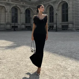 Women Elegant Strapless Ostrich Feather Bandage Evening Gown Slim Fit Slit Maxi Party Dress For Formal Banquet Social Wear