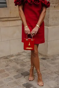 Elegant red off-the-shoulder bandage dress with 3D rose flower details for women
