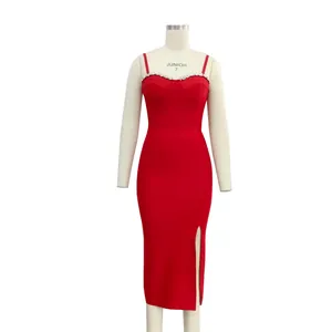 Elegant red bandage midi dress with sparkling rhinestone trim and a side slit detail