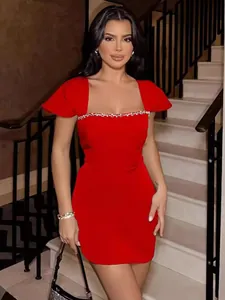 Elegant French Rhinestone Bandage Dress Women Square Neck Sleeveless Slim Fit Mini Bodycon Party Evening Dress Red Black Pink