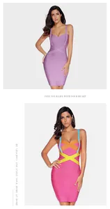 Detailed view of sleeveless bandage bodycon dresses in purple and colorful patchwork designs