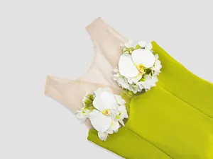 Lime green bandage dress with 3D white orchid floral details for cocktail party events