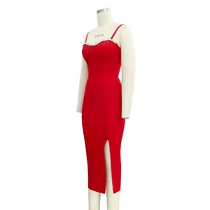 Sleek red bandage dress featuring crystal rhinestone trim and a daring front side slit