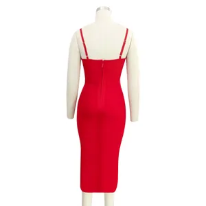 Detailed back view of an elegant red bodycon bandage midi dress with hidden zipper