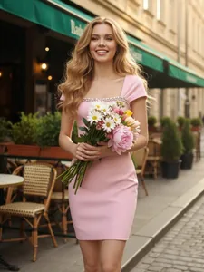 Elegant pink bandage dress with luxury rhinestone trim and square neck for party
