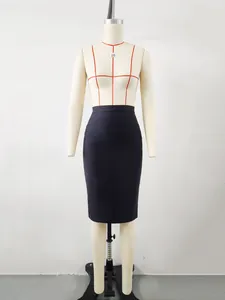 Elegant navy blue high-waisted bandage skirt with bodycon fit and knee length.