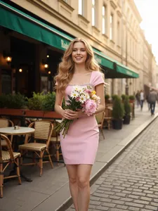 French style pink bandage mini dress with rhinestone neckline for elegant parties