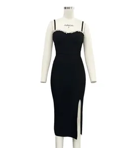 Elegant black bandage cocktail dress with sparkling rhinestone trim and side slit