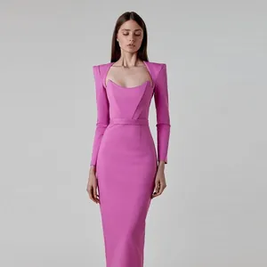 Hepburn Style Square Neck Shoulder Pad Long Sleeve Bodycon Bandage Midi Dress For Women Elegant Slimming Patchwork Party Dress