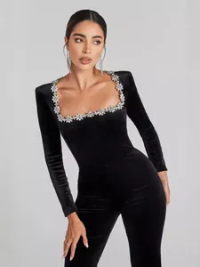 Elegant Women Square Neck Rhinestone Long Sleeve Jumpsuit Flare Leg Polyester Slim Fit Luxury Jumpsuit For Party Autumn