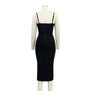 Back view of a sleek black bandage midi dress on a mannequin for evening parties